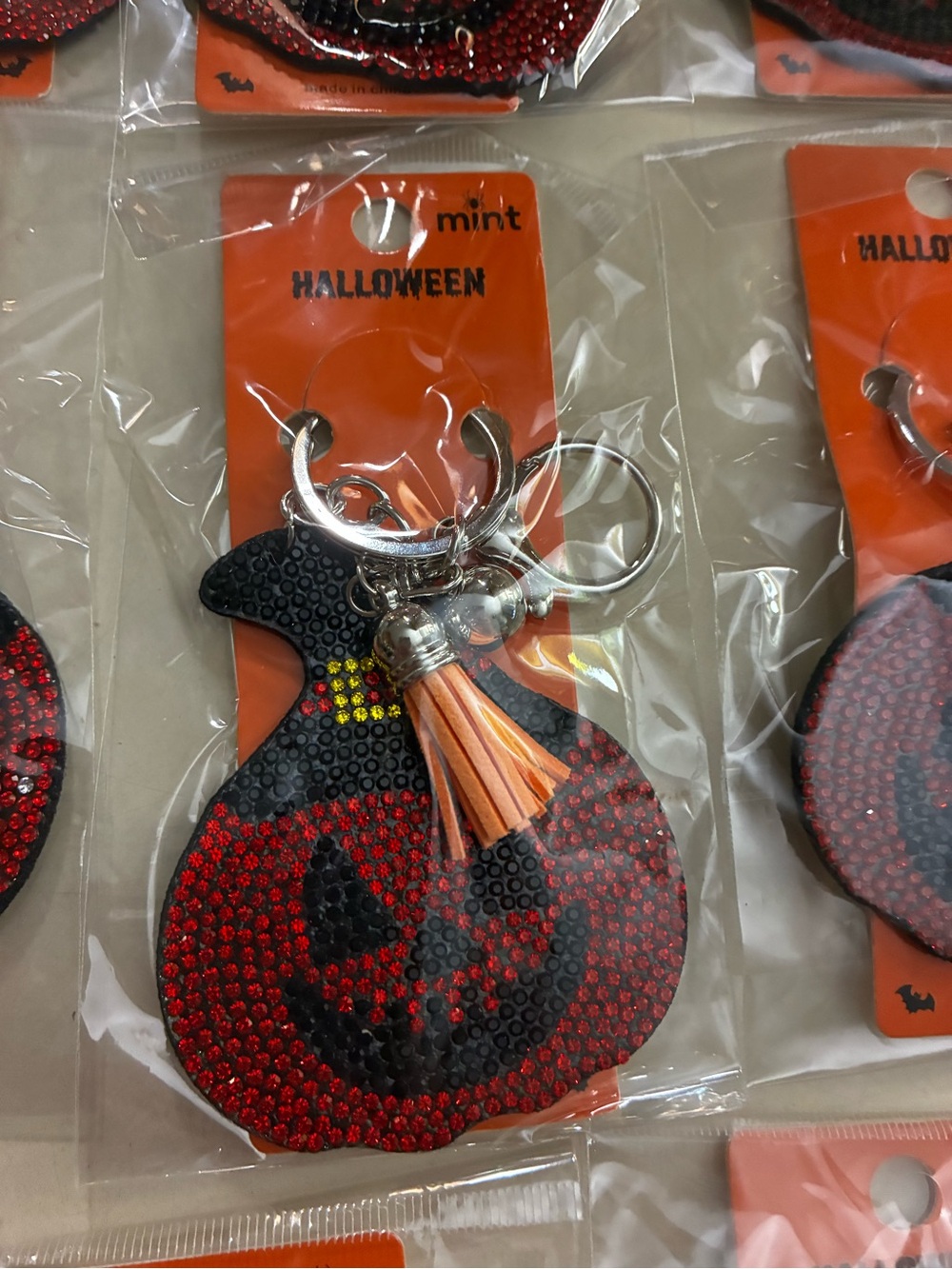 Bulk of 12- Orange and Black Halloween Pumpkin Keychain/Bagcharm with Tassel - Picture 4 of 6